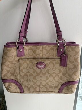 Coach Signature Tote with Purple Trim